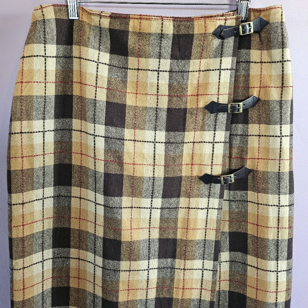 Rena Rowan Vintage Wool Blend Plaid Western Cabincore Buckled Wrap Midi Skirt - Picture 2 of 13